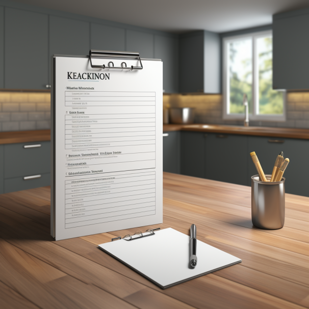 An image showing a checklist for remodeling a kitchen being reviewed by a team of professionals working together.